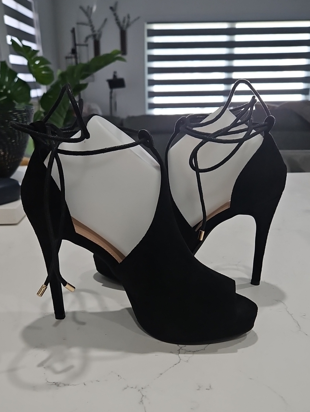 Black Suede Lace-Up Peep Toe Stiletto Heels